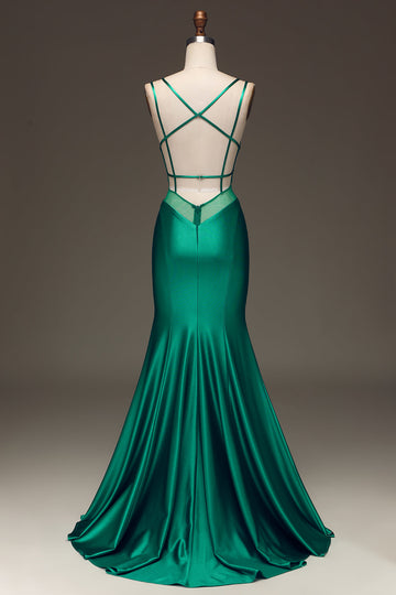 Green Deep V-neck Satin Mermaid Formal Dress with Lace-up Back